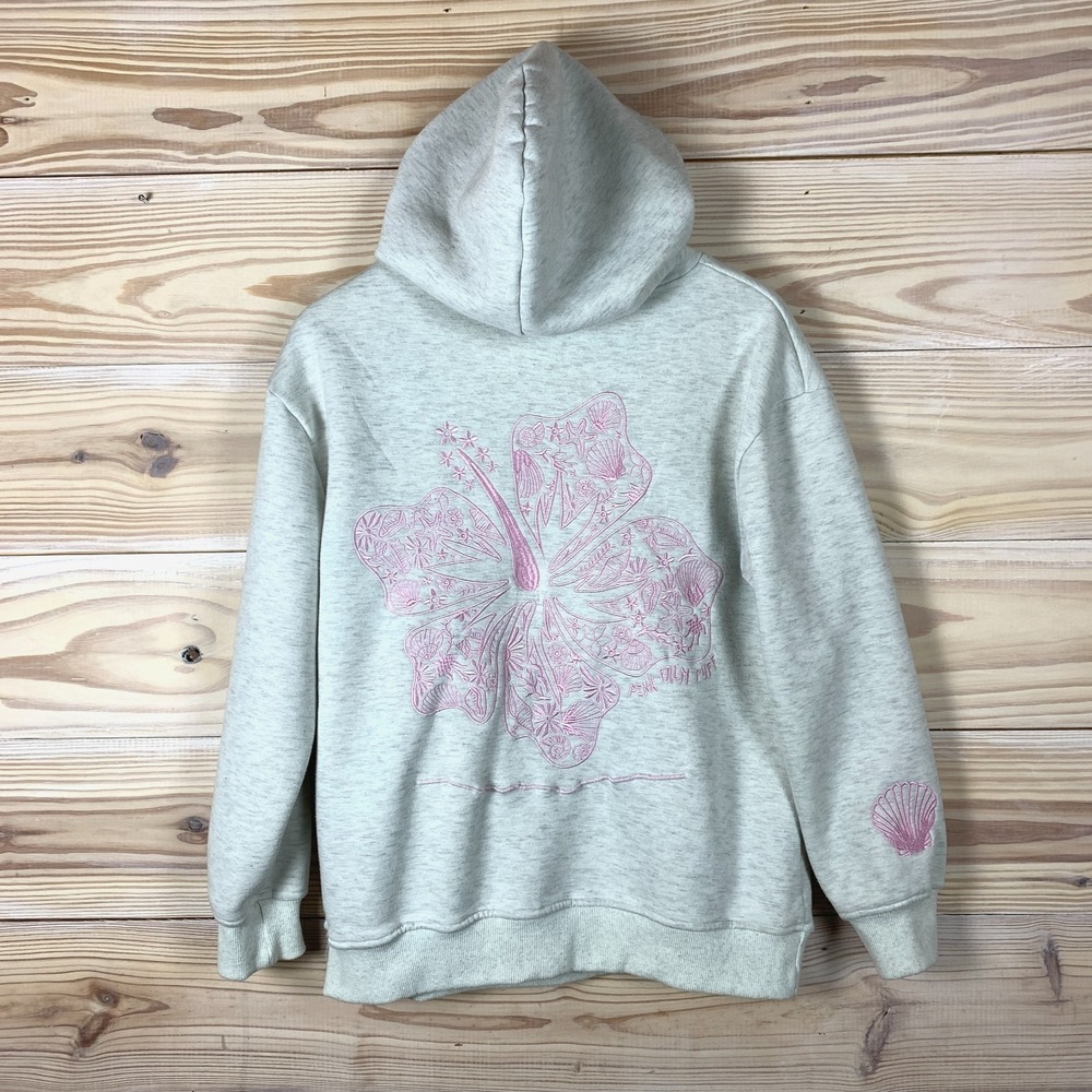 Light Gray Hoodie with Pink Floral Graphic possibly not real pink palm puff??